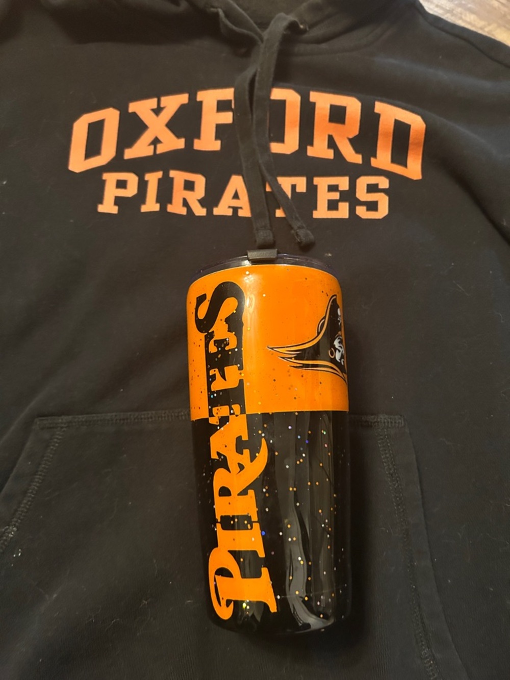 Sport Tek Black Hoodie with Orange Oxford Pirates with Oxford  Pirates tumbler
